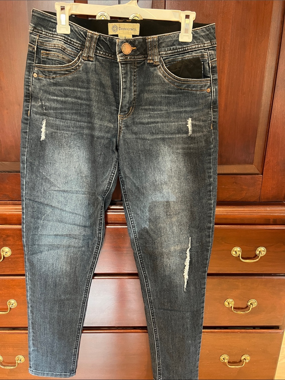 Democracy Womens Distressed Dark Blue Slim Jeans